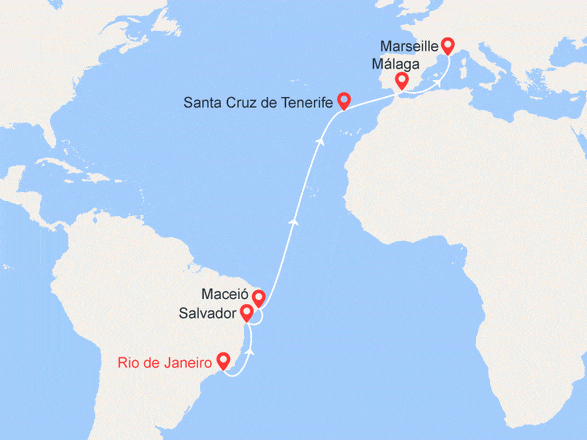 itinéraire croisière Transatlantique : Brésil, Canaries, Espagne, France