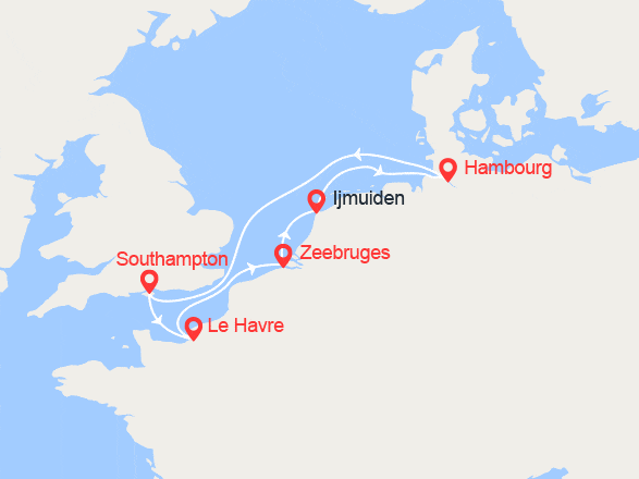 itinéraire croisière Europe du Nord : Bruges, Amsterdam, Hambourg, Southampton