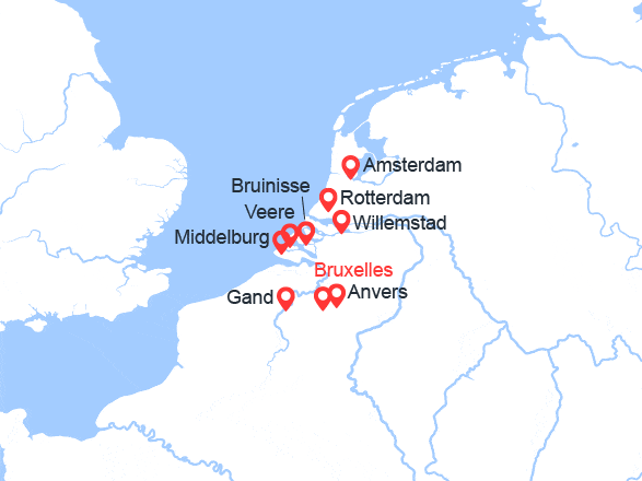itin&eacute;raire croisi&egrave;re Rhin et ses affluents : Bruxelles, Anvers, Gand, Amsterdam, Rotterdam 