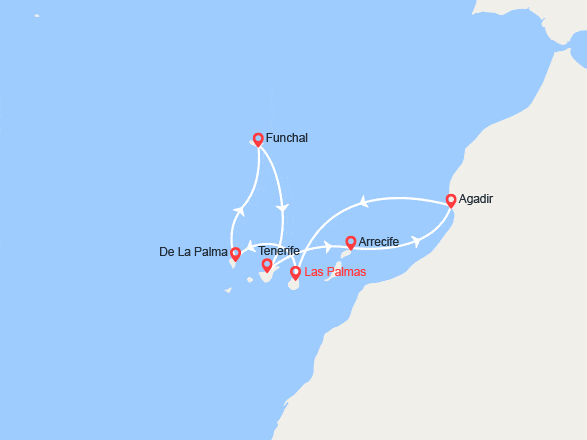 itinéraire croisière Méditerranée Orientale : Canaries, Espagne, Madère, Maroc