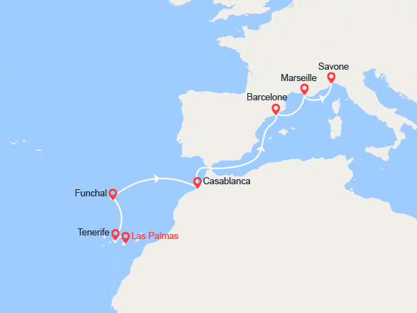 itinéraire croisière Méditerranée Occidentale : Canaries, Madère, Maroc, Espagne, France, Italie