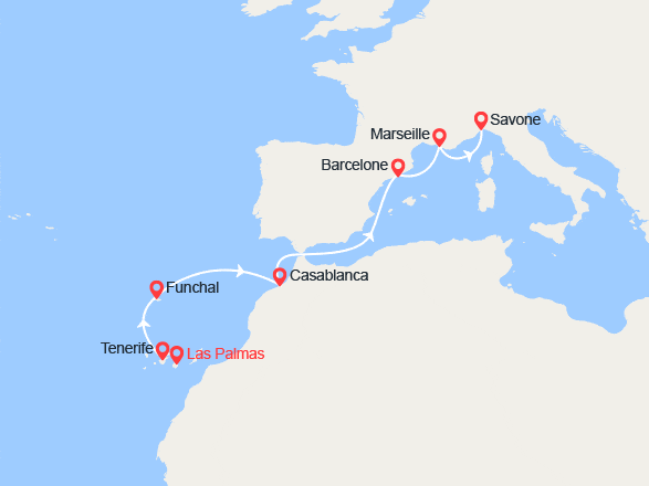 itinéraire croisière Méditerranée Occidentale : Canaries, Madère, Maroc, Espagne, France, Italie