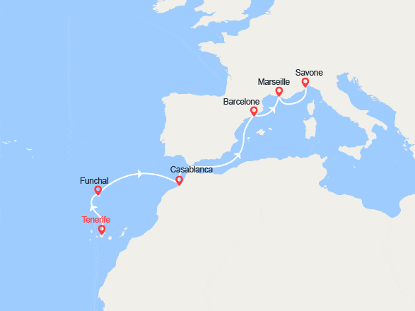 itinéraire croisière Méditerranée Occidentale : Canaries, Madère, Maroc, Espagne, France, Italie