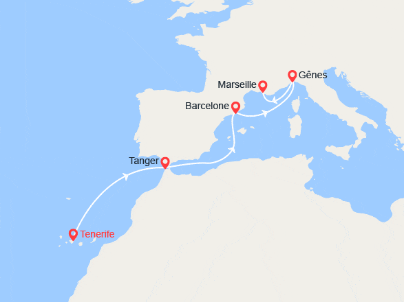 itinéraire croisière Méditerranée Orientale : Canaries, Maroc, Espagne, Italie, France 