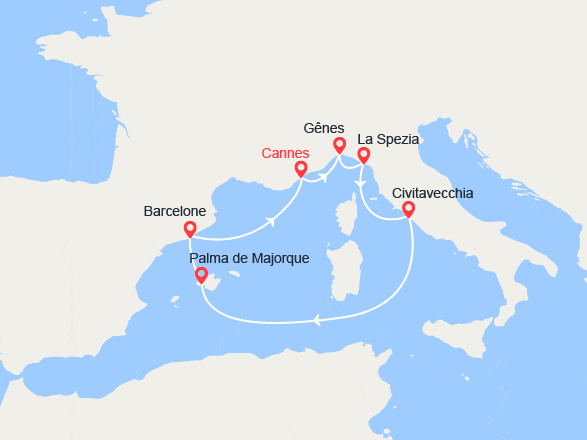 itinéraire croisière Méditerranée : Cannes, Gênes, La Spezia, Civitavecchia, Palma de Mallorca