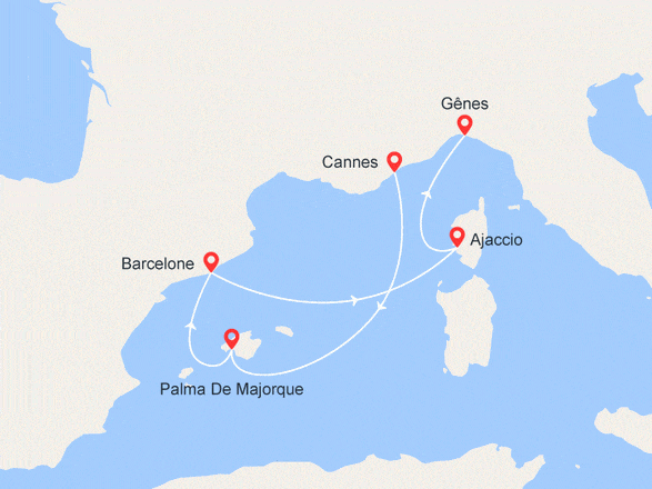 itinéraire croisière Iles Baléares : Cannes, Majorque, Bacelone, Corse
