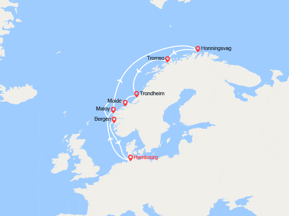 itinéraire croisière Fjords : Cap Nord et Norvège