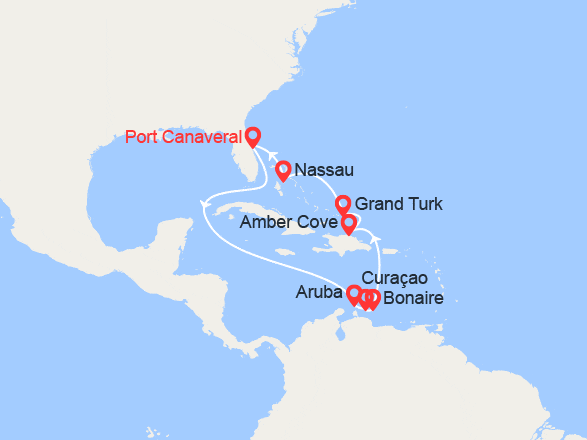 itin&eacute;raire croisi&egrave;re Caraïbes et Antilles : Caraïbes : Aruba, Bonaire, Curaçao, Rép Dominicaine, Grand Turk, Bahamas 