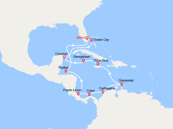 itinéraire croisière Caraïbes et Antilles : Caraïbes : Bahamas, Mexique, Jamaïque, Aruba, Colombie, Costa Rica...