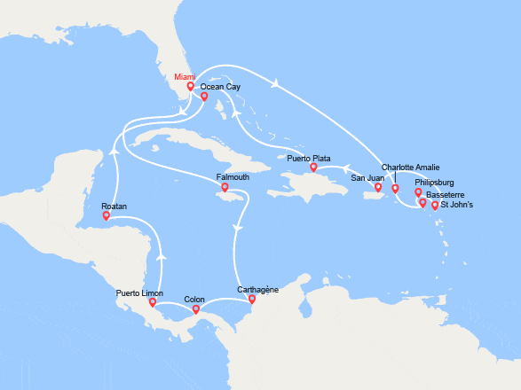 itinéraire croisière Caraïbes et Antilles : Caraïbes : Colombie, St Thomas, Porto Rico, Rép. Dominicaine...