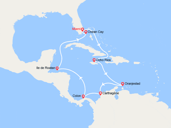itinéraire croisière Caraïbes et Antilles : Caraïbes : Jamaïque, Aruba, Colombie, Panama, île de Roatan, Bahamas