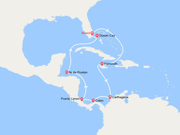 itinéraire croisière Caraïbes et Antilles : Caraïbes : Jamaïque, Colombie, Panama, Costa Rica, île de Roatan, Bahamas