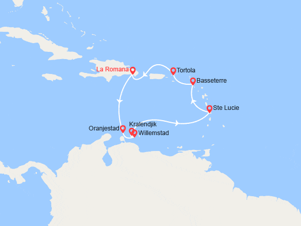 itinéraire croisière Caraïbes et Antilles : Caraïbes au départ de la Rép. Dominicaine : Aruba, Sainte-Lucie, Tortola