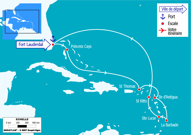 itinéraire croisière Caraïbes et Antilles : Caraïbes de l'Est : Fort Lauderdale, Princess Cays, St Thomas, Antigua, Ste Lucie, Barbade