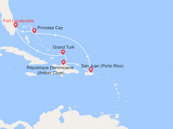 itinéraire croisière Caraïbes et Antilles : Caraïbes de l'Est : Princess Cays, San Juan, Amber Cove, Grand Turk