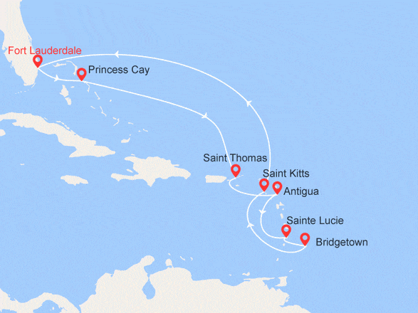 itinéraire croisière Caraïbes et Antilles : Caraïbes de l'Est : Princess Cays, St-Thomas, Antigua, Ste-Lucie, Barbade, St-Kitts