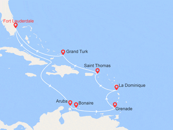 itinéraire croisière Caraïbes et Antilles : Caraïbes du Sud : Curaçao, Bonaire, Grenade, Dominique, St-Thomas, Grand Turk