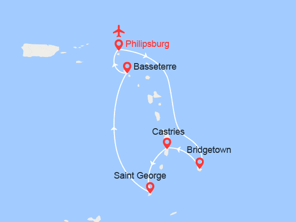 itinéraire croisière Caraïbes et Antilles : Caraïbes du Sud : Barbade, Ste Lucie, Grendade, St Kitts || Vols inclus