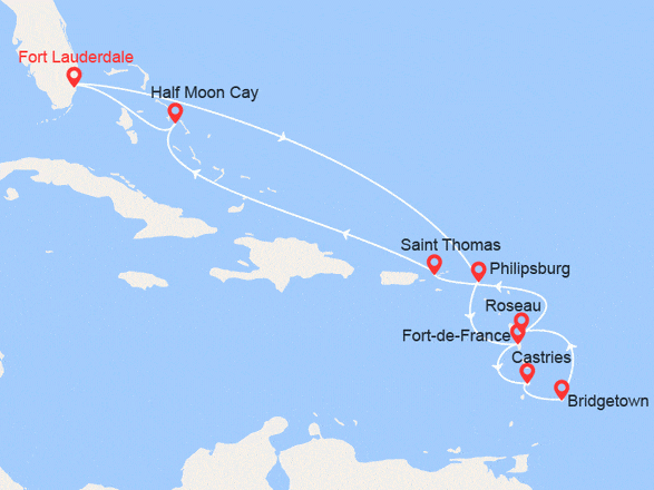 itinéraire croisière Caraïbes et Antilles : Caraïbes du Sud : Martinique, Ste Lucie, Barbade, St Thomas, Bahamas...