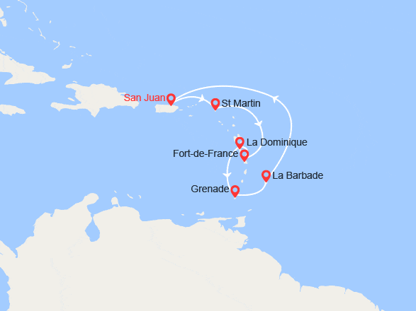 itin&eacute;raire croisi&egrave;re Caraïbes et Antilles : Caraïbes du Sud : St Martin, Martinique, Dominique, Grenade, Barbade 