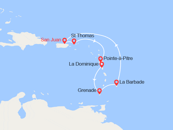 itin&eacute;raire croisi&egrave;re Caraïbes et Antilles : Caraïbes du Sud : St Thomas, Guadeloupe, Dominique, Grenade, Barbade 