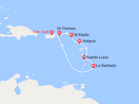 itin&eacute;raire croisi&egrave;re Caraïbes et Antilles : Caraïbes du Sud : St Thomas, St Martin, Antigua, Ste Lucie, Barbade 