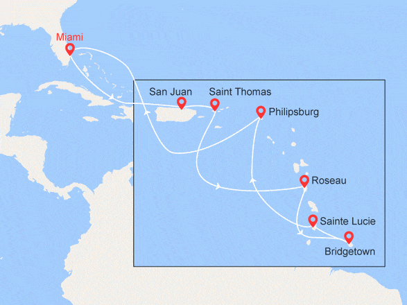 itinéraire croisière Caraïbes et Antilles : Caraïbes du Sud: Porto Rico, St.Thomas, Barbade, Ste Lucie, St. Martin
