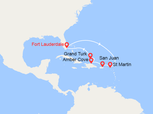 itin&eacute;raire croisi&egrave;re Caraïbes et Antilles : Caraïbes Est : St Martin, Porto Rico, Rép Dominicaine, Grand Turk 