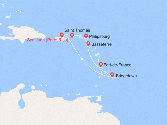 itinéraire croisière Caraïbes et Antilles : Caraïbes Sud: Barbade, Martinique, St.Kitts, Antilles, Iles Vierges