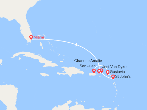 itinéraire croisière Caraïbes et Antilles : Charlotte Amalie, Jost Van Dyke, Saint John's, Saint-Barthélemy