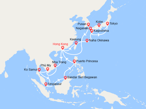 itinéraire croisière Asie : Chine, Vietnam, Singapour, Philippines, Taïwan, Japon, Corée du Sud
