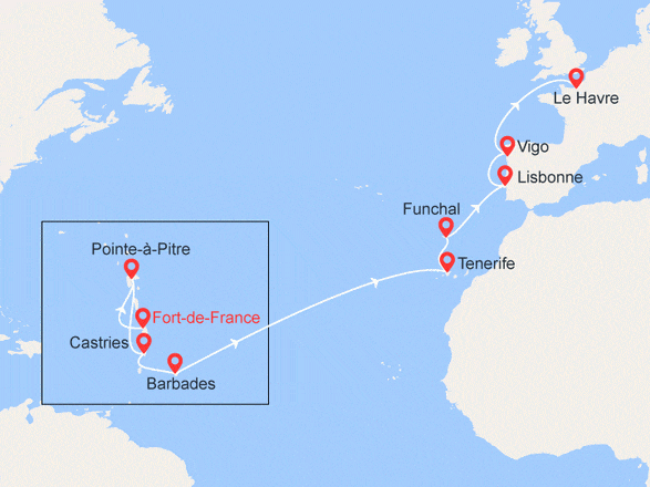 itinéraire croisière Transatlantique : CHOC! Transatlantique de la Martinique vers la France - VOL OFFERT