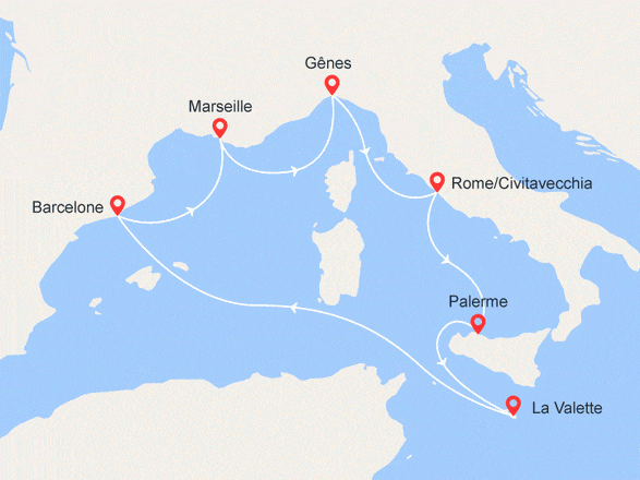 itinéraire croisière Méditerranée : CO-CABINAGE | Italie, Sicile, Malte, Espagne