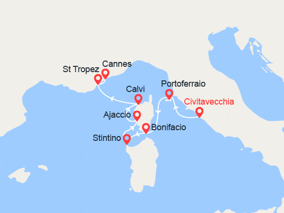 itinéraire croisière Méditerranée : Corse, Sardaigne & Côte d'Azur : de Rome à Cannes