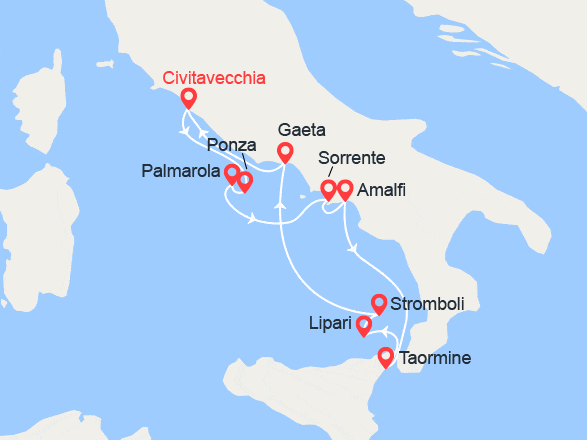 itinéraire croisière Méditerranée : Côte Amalfitaine, îles Eoliennes et Sicile