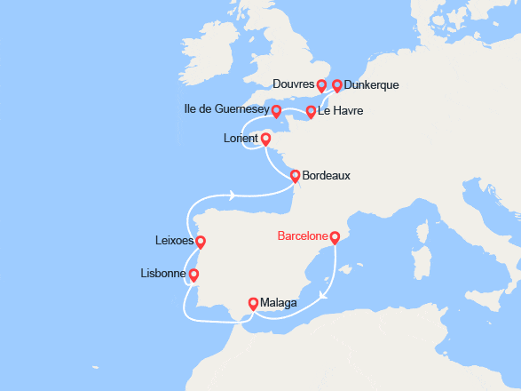 itin&eacute;raire croisi&egrave;re Méditerranée Occidentale : Côte Atlantique : de Barcelone à Londres 