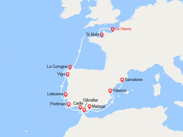 itin&eacute;raire croisi&egrave;re Méditerranée Occidentale : Côte atlantique & Péninsule ibérique : du Havre à Barcelone 