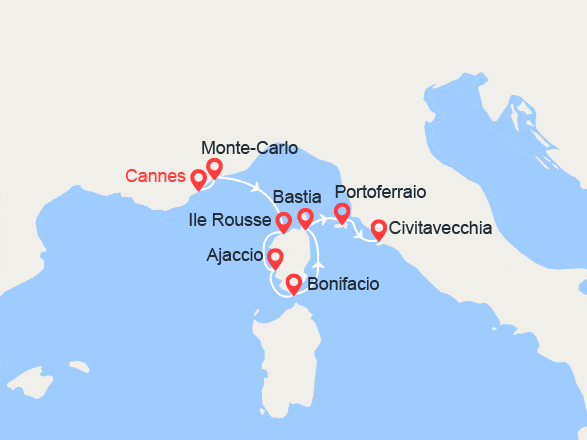 itinéraire croisière Méditerranée : Côte d'Azur, Corse & l'île d'Elbe : de Cannes à Rome