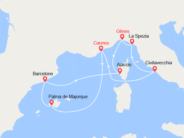 itinéraire croisière Méditerranée : Côte d'Azur, Majorque, Espagne, Corse...