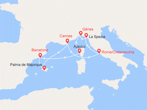 itinéraire croisière Méditerranée : Côte d'Azur, Majorque, Espagne, Corse, Italie : - 50% sur le 2e passager et boissons offertes (1)
