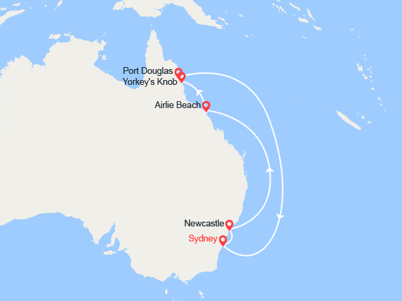 itin&eacute;raire croisi&egrave;re Australie : Côte Est australienne : Newcastle, Airlie Beach, Cairns, Port Douglas, île Willis 