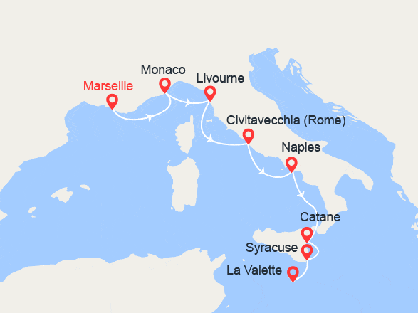 itinéraire croisière Méditerranée : Côte Méditerranéenne: France, Italie, Sicile, Malte