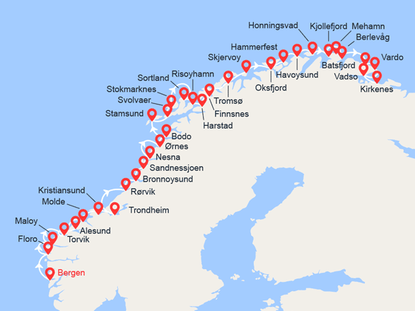 itinéraire croisière Fjords - Fjords : Côte Norvégienne de Bergen à Kirkenes 