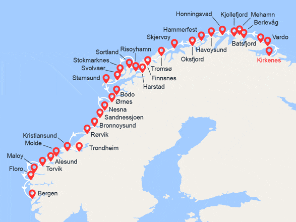 itinéraire croisière Fjords : Côte Norvégienne du Nord au Sud: de Kirkenes à Bergen
