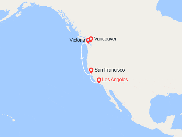 itin&eacute;raire croisi&egrave;re Amérique du Nord : Côte Pacifique : Los Angeles, San Francisco, Victoria 