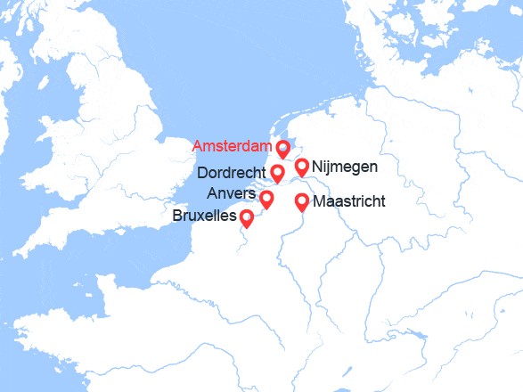 itin&eacute;raire croisi&egrave;re Rhin et ses affluents : Croisière fluviale d’exception : d’Amsterdam à Brussels via Nijmegen, Dordrecht 