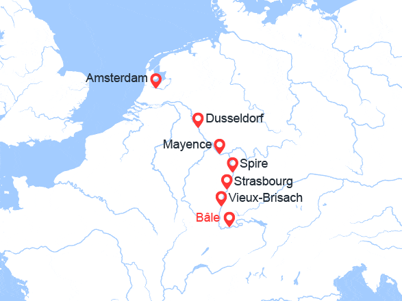 itin&eacute;raire croisi&egrave;re Rhin et ses affluents : Croisière Rhin : de Basel à Amsterdam via Strasbourg, Mainz et Düsseldorf 