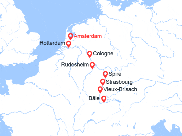 itin&eacute;raire croisi&egrave;re Rhin et ses affluents : Croisière Rhin romantique : d’Amsterdam à Basel via Düsseldorf, Mainz et Strasbourg 