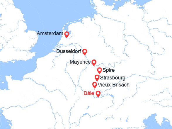 itin&eacute;raire croisi&egrave;re Rhin et ses affluents : Croisière Rhin romantique : de Amsterdam à Basel via Düsseldorf, Mainz et Strasbourg 