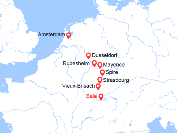 itin&eacute;raire croisi&egrave;re Rhin et ses affluents : Croisière Rhin romantique : de Basel à Amsterdam via Düsseldorf et Strasbourg 
